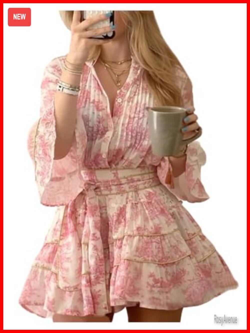 SOLY HUX Women's Floral Mini Dress Boho Flare Ruffle Hem Notched V Neck
